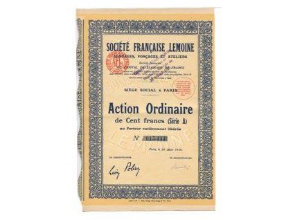 FRANCIE. Société Francaise Lemoine, Sondages, Foncages et Ateliers. Akcie na 100 franků 1926. č. 015.444