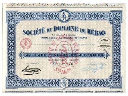FRANCIE. Société du Domaine de Kébao. Akcie na 100 franků 1927. č. 132.170