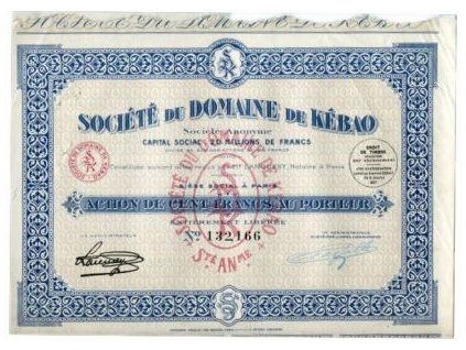 FRANCIE. Société du Domaine de Kébao. Akcie na 100 franků 1927. č. 132.166.