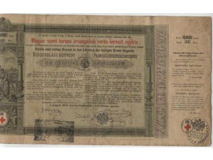 MAĎARSKO. Prémiový dluhopis Spolku červeného kříže v zemích koruny uherské na 5 zlatých. Emise 15.12.1882.