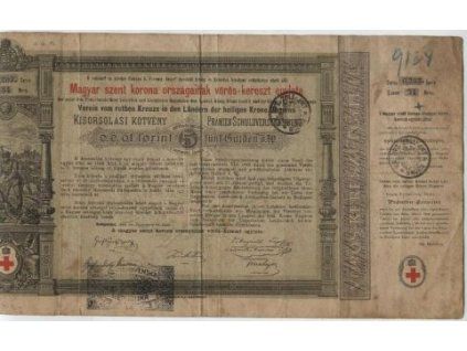 MAĎARSKO. Prémiový dluhopis Spolku červeného kříže v zemích koruny uherské na 5 zlatých. Emise 15.12.1882.