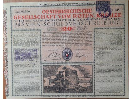 RAKOUSKO. Oesterreichische Gesellschaft vom roten Kreuze. Prémiový dluhopis na 20 korun. 1916. Čsl. kolek. Č. 05.890/038.