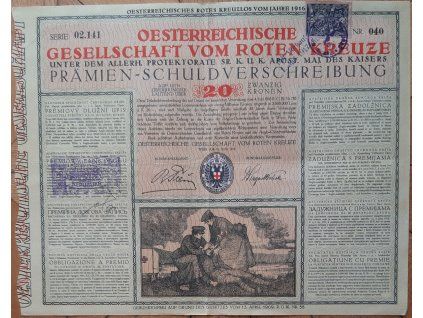 RAKOUSKO. Oesterreichische Gesellschaft vom roten Kreuze. Prémiový dluhopis na 20 korun. 1916. Čsl. kolek. Č. 02.141/040.