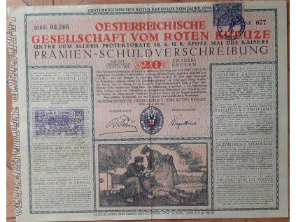 RAKOUSKO. Oesterreichische Gesellschaft vom roten Kreuze. Prémiový dluhopis na 20 korun. 1916. Čsl. kolek. Č. 03.246/077.