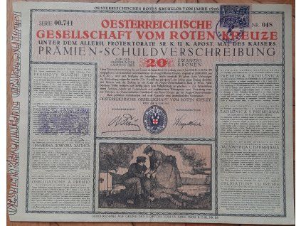 RAKOUSKO. Oesterreichische Gesellschaft vom roten Kreuze. Prémiový dluhopis na 20 korun. 1916. Čsl. kolek. Č. 00.741/048.