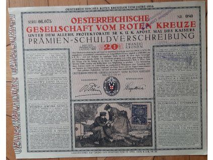 RAKOUSKO. Oesterreichische Gesellschaft vom roten Kreuze. Prémiový dluhopis na 20 korun. 1916. Čsl. kolek. Č. 06.075/080.