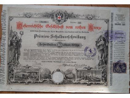 RAKOUSKO. Oesterreichische Gesellschaft vom roten Kreuze. Prémiový dluhopis na 10 zlatých. 1882. Čsl. kolek. Č. 04.205/41.