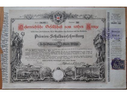 RAKOUSKO. Oesterreichische Gesellschaft vom roten Kreuze. Prémiový dluhopis na 10 zlatých. 1882. Čsl. kolek. Č. 04.207/42.