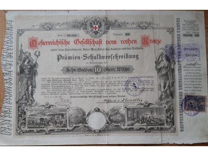 RAKOUSKO. Oesterreichische Gesellschaft vom roten Kreuze. Prémiový dluhopis na 10 zlatých. 1882. Čsl. kolek. Č. 09.944/39.