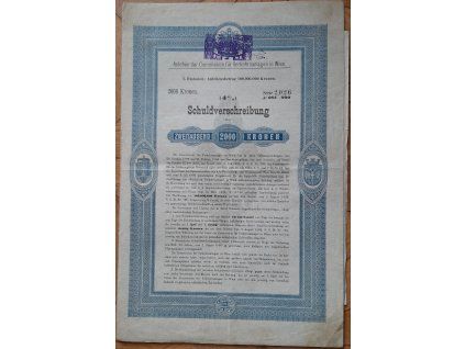 RAKOUSKO. Commission für Verkehrsanlagen in Wien. Dluhopis na 2000 korun. Čsl. kolky.1894.