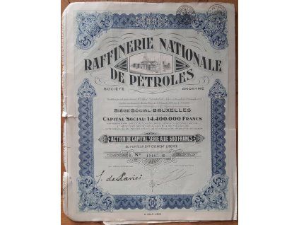 BELGIE. Raffinerie Nationale de Pétroles. Akcie na 500 franků. 1928.