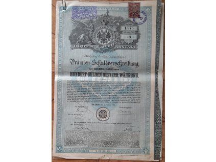 RAKOUSKO. K.K. Priv. Allgem. Oesterreichische Boden-Credit-Anstalt. Prémiový dluhopis na 100 zlatých. 1889. Čsl. kolek. Č. 1.976/*3.