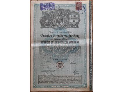 RAKOUSKO. K.K. Priv. Allgem. Oesterreichische Boden-Credit-Anstalt. Prémiový dluhopis na 100 zlatých. 1889. Čsl. kolek. Č. 2.144/22.