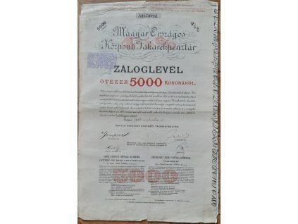 MAĎARSKO. Magyar Országos Központi Takarékpénztár. Záloglevél. 5000 koronáról. 1907.