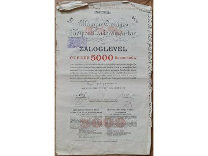 MAĎARSKO. Magyar Országos Központi Takarékpénztár. Záloglevél. 5000 koronáról. 1908.