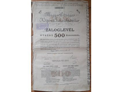 MAĎARSKO. Magyar Országos Központi Takarékpénztár. Záloglevél. 500 koronáról. 1900.
