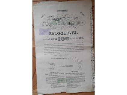 MAĎARSKO. Magyar Országos Központi Takarékpénztár. Záloglevél. 100 forintról. 1896.