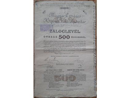 MAĎARSKO. Magyar Országos Központi Takarékpénztár. Záloglevél. 500 koronáról. 1899.