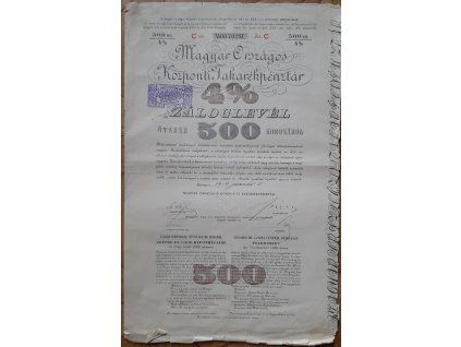 MAĎARSKO. Magyar Országos Központi Takarékpénztár. Záloglevél. 500 koronáról. 1904.