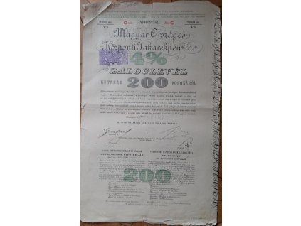 MAĎARSKO. Magyar Országos Központi Takarékpénztár. Záloglevél. 200 koronáról. 1903.