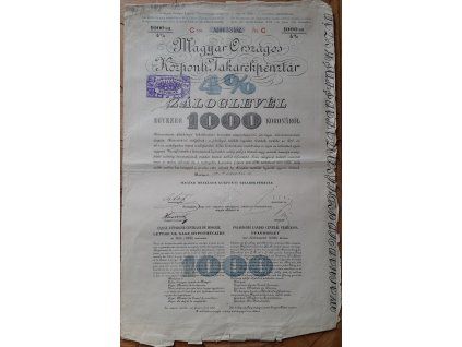 MAĎARSKO. Magyar Országos Központi Takarékpénztár. Záloglevél. 1000 koronáról. 1904.