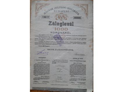 Maďarsko. Magyar Jelzálog-Hitelbank Budapest. Obligace 1000 Korun. 1911. Čsl. kolek.