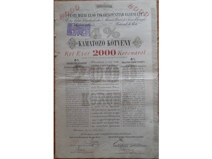 MAĎARSKO. Pesti Hazai Elsö Takarékénztár-Egyesület. 2000 koronáról. Dluhopis. 1902.