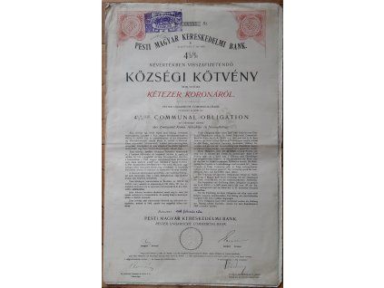 MAĎARSKO. Pesti Magyar Kereskedelmi Bank. Communal-Obligation. 2000 koronáról. 1908.