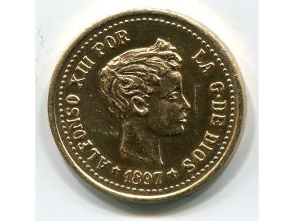 48 - ŠPANĚLSKO. Alfonso XIII. 100 pesetas 1897. Kopie, eloxovaný hliník.