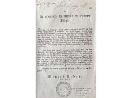 1823.12.24.  Oznámení brněnského biskupa Václava Urbana kněžím ohledně kláštera alžbětinek v Brně.