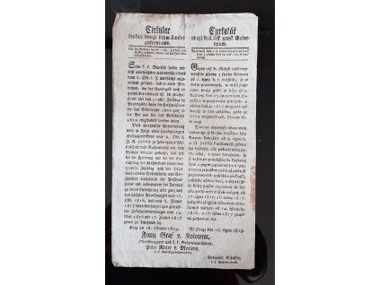1819.10.18.  Cirkulář českého zemského gubernia o placení daní na rok 1820 s přirážkou 50% v papírových penězích.