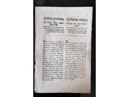 1819.07.19.  Cirkulář českého zemského gubernia oznamující oblevující tarif z vývozního handlu s hedvábným, bavlněným a vlněným zbožím.