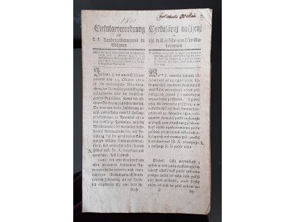 1811.02:22.  Cirkulární nařízení čes. zem. Gubernium o vejkazu vejnosnosti v nějaké pozůstalosti se vynacházejících užitek přinášejících gruntů... atd.