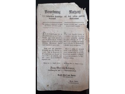 1824.04.11.  Nařízení c.k. českého zemského gubernium, kterým se  přeložení postranního mejta z Harlasu do Trebendorfu k chebské štaci náležejícího se oznamuje.