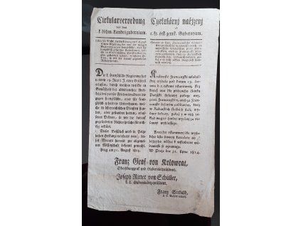 1814.08.31.  Cirkulární nařízení českého zemského gubernium ohledně francouzských poddaných, žijích v rakouské monarchii.