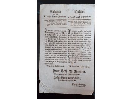 1814.09.04.  Cirkulář českého zemského guberniu, kterýmž se v nové taryfě poříčného nejta vynacházející chyba při placenu býti majícím mejtu z koželužského třísla na řece Labi napravuje.