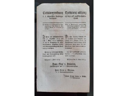 1819.01.08.  Cirkulární nařízení českého zemského gubernia, že platy za štemplování komerciálního zboží mají se budoucně mincí dle obecního snešení bitou, aneb bankonótami zapravovati.