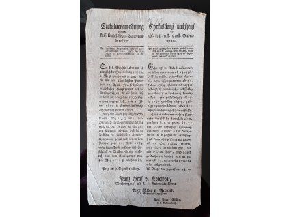 1819.12.09.  Cirkulární nařízení českého zemského gubernia o tom, že taxy biskupských kancelářů, pak štola aneb dávka za duchovní konání, mají se od 1. ledna 1820 v stříbrných penězích platiti.