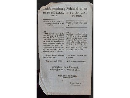 1824.07.01.  Cirkulární nařízení čského zemského gubernium, že přivážení a zcelňování lesního a lněného semena i u celních úřadu povoluje se.