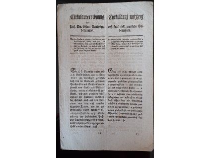 1823.05.03  Cirkulární nařízení čes. zem. gubernium o tom, že v cizích zemích zrozeným penzionistům, jak civilního, tak vojenského stavu, může se k přebývání v cizozemsku povolení až na tři po sobě běžící léta uděliti.