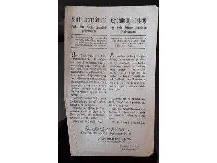 1824.08.01.  Cirkulární nařízení českého královského gubernia, kterým vejvozní clo za uherské tabákové listí, tabákovou mouku  a takový prach, za předený a krájený uherský tabák kuřlavý, se snižuje.