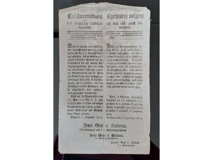 1819.12.10.  Cirkulární nařízení čes. zem. Gubernium, v němž zápověď židům, že nesmějí v obilí kupčit, až na další nařízení se vyzdvihuje.