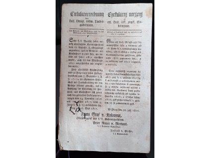 1821.09.26.  Cirkulární nařízení českého zemského guberium, kterým osobní a klasovní daň na militární rok 1821 se rozepisuje.