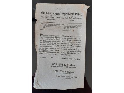 1821.01.25.  Cirkulární nařízení českého zemského gubernia, kdy ustanovení času od kterého předpis o osvobození od domovní daně těch, kteří nové domy vystavějí, moc svou mti má.