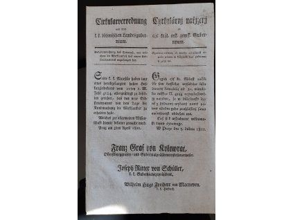 1811.04.05.  Cirkulární nařízení českého zemského gubernia, kdy se oznamuje termín, od kterého  oučinlivost nového patentu v důležitosti daně z dědictví se začíti má.