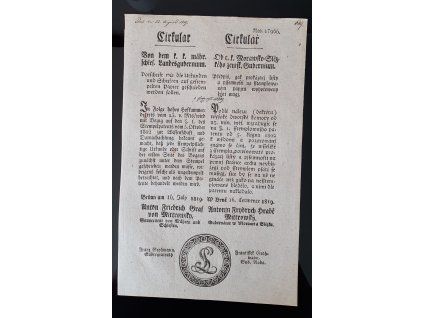 1819.07.16.  Cirkulář moravsko-slezského zemského gubernia obashuje předpis, jak prokázací listy a písemnosti na štemplovaném papíru vyhotoveny býti mají.