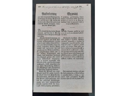 1834.09.16.  Vyzvání krajského hejtmana k rychlému a oučinlivému nápomožení osadníkům města Dvorce v noci z 11. na 12. b.m. skrze záhublivý oheň do náramné bídy a nouze postaveným
