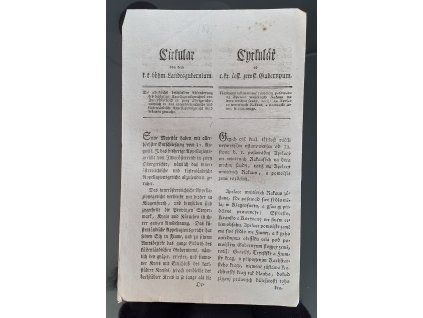 1817.10.30.  Cirkulář českého zemského gubern Apelaci vnitřnch Rakousium, kdy nejvejš ustanovené rozdělení posavádní Apelace vnitřních Rakous na dva vrchní soudy, totiž a pomorské země, se oznamuje.