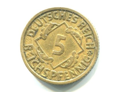 NĚMECKO. 5 Reichspfennig 1925/F. Větší 5 v letopočtu.