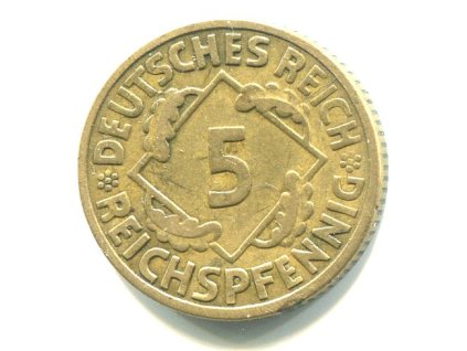 NĚMECKO. 5 Reichspfennig 1925/F. Větší 5 v letopočtu.